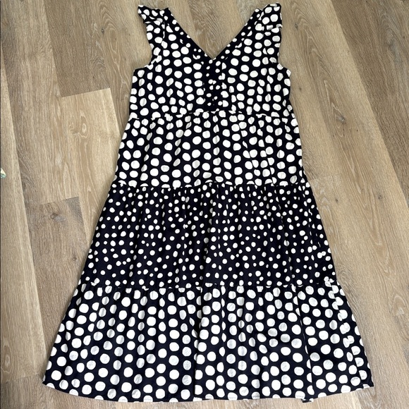 LOFT Maxi Dress size large navy blue and white polka dots tiered flutter sleeve - Picture 2 of 14